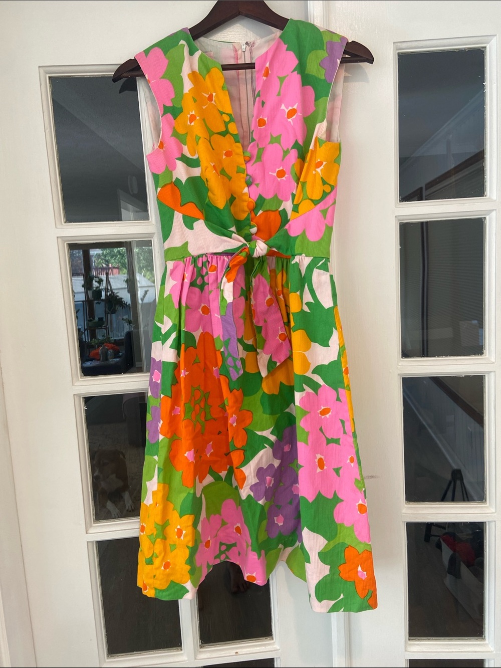 Vintage Malia Honolulu Sleeveless Tie-Front Dress with Neon Flower Power Motif